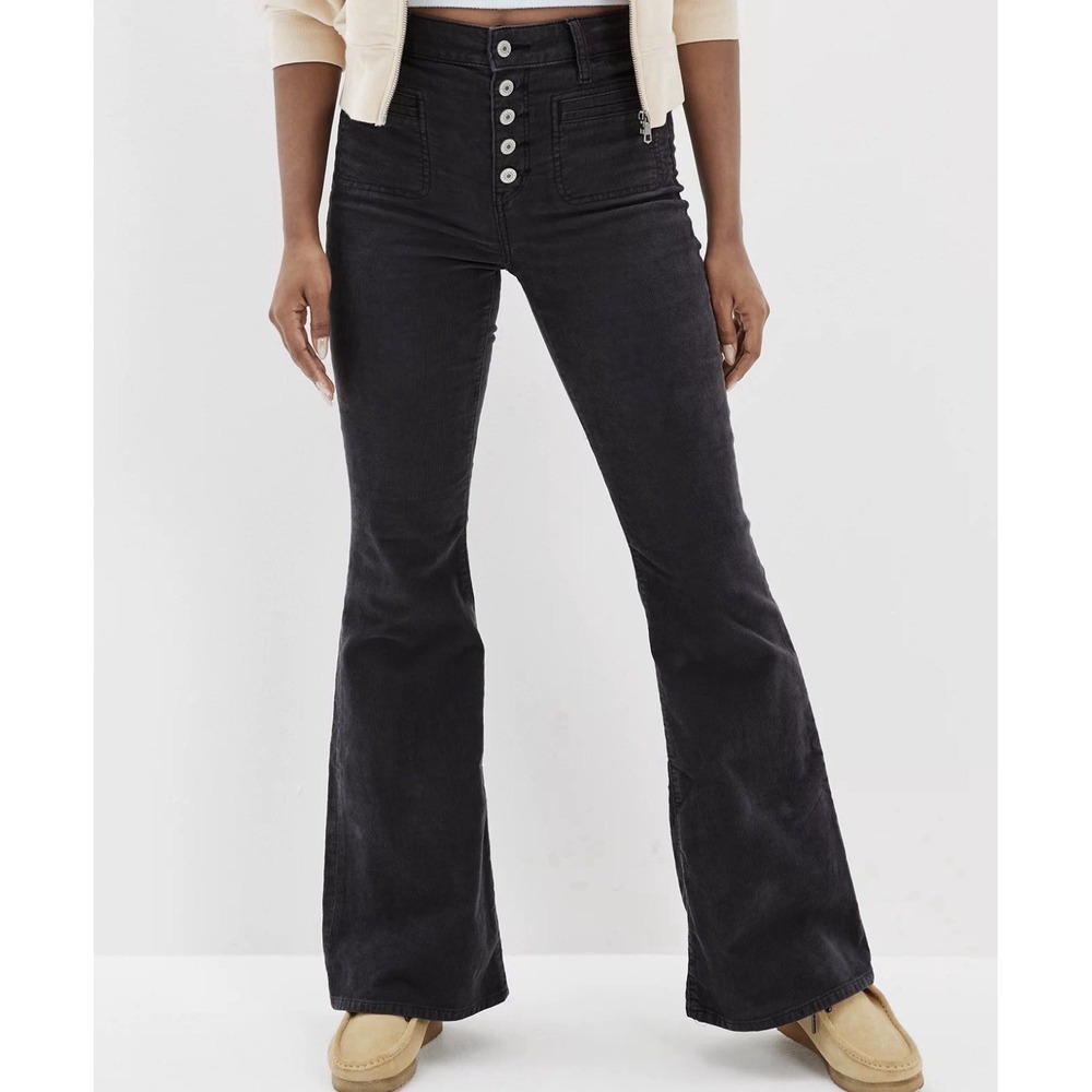 AE Super Hi Flare Corduroy Pants Sz 8 Gray 70's Boho Inspired Patch Pockets